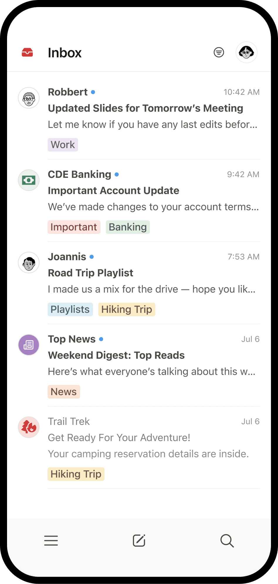 Tangkapan layar Notion Mail di perangkat seluler