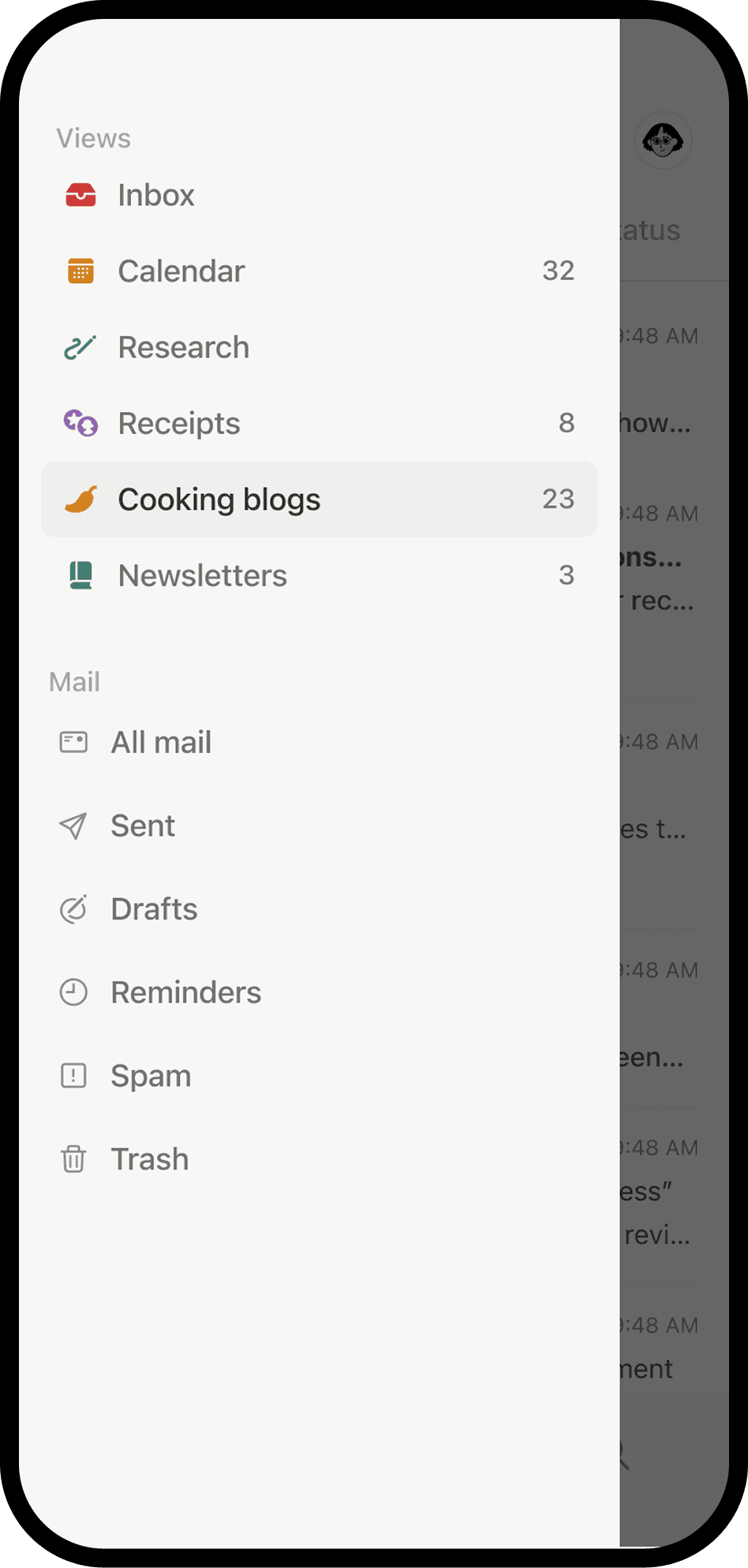 Tangkapan layar Notion Mail di perangkat seluler