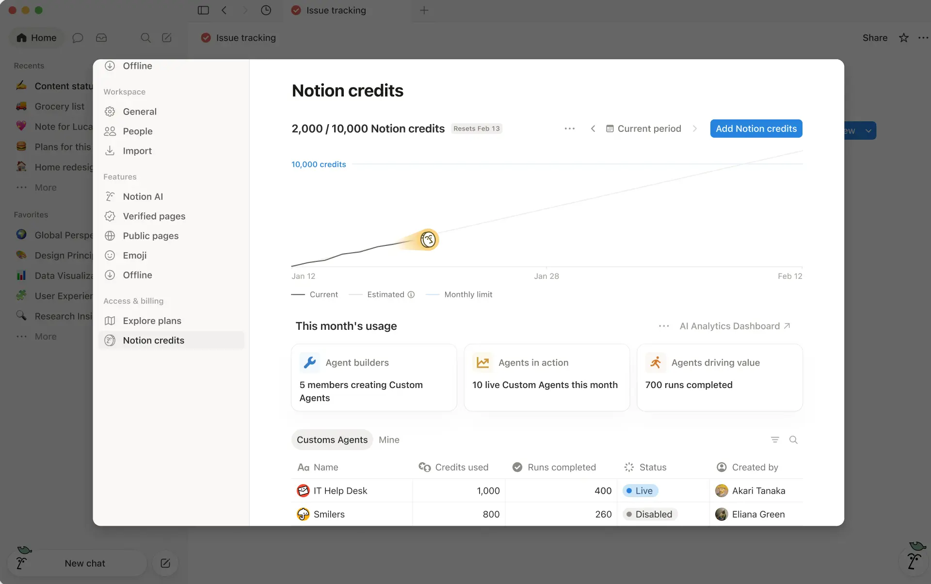 Para comprar créditos, haz clic en el botón azul Agregar créditos de Notion en el panel de control.