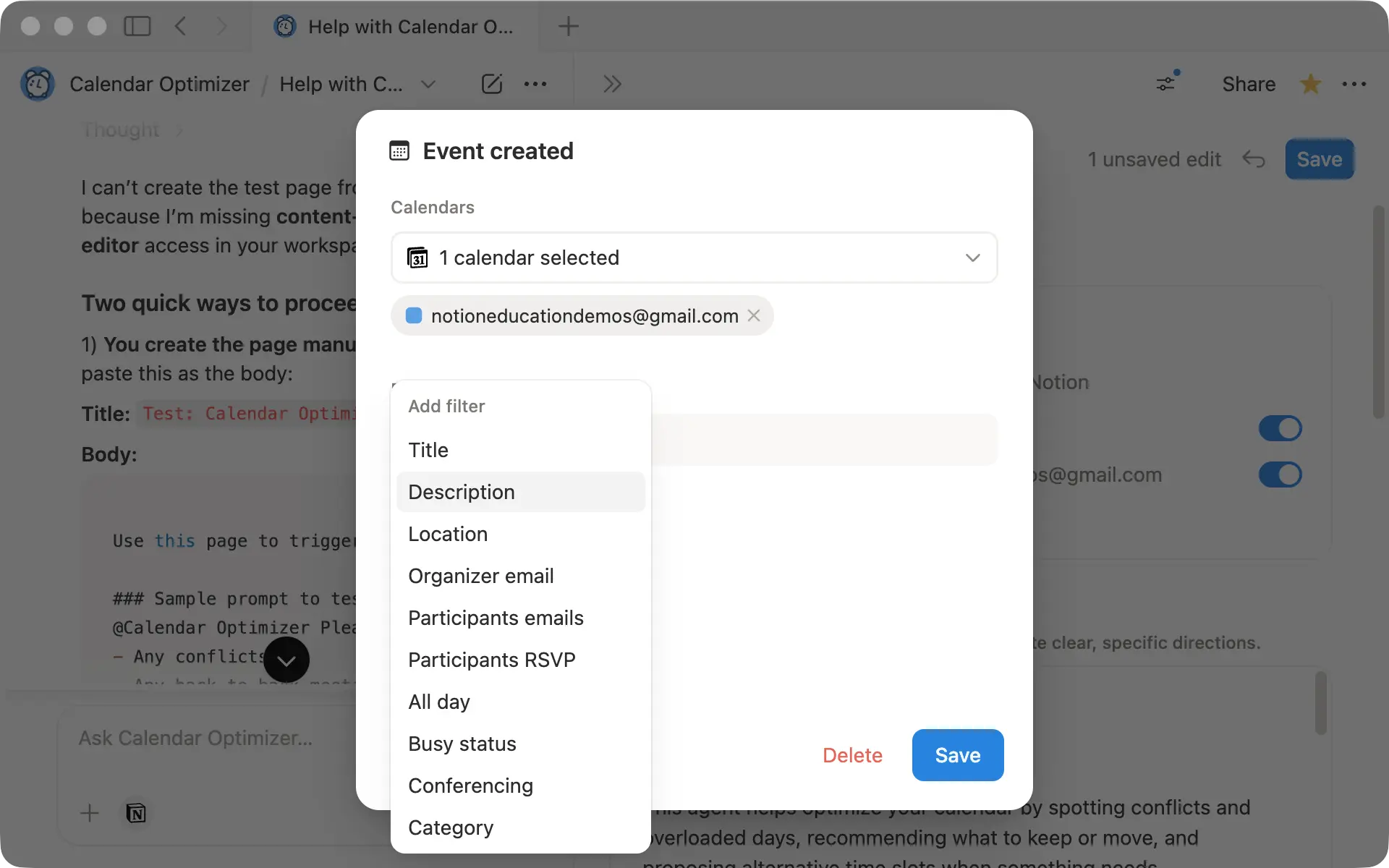 Filtros del agente de calendario