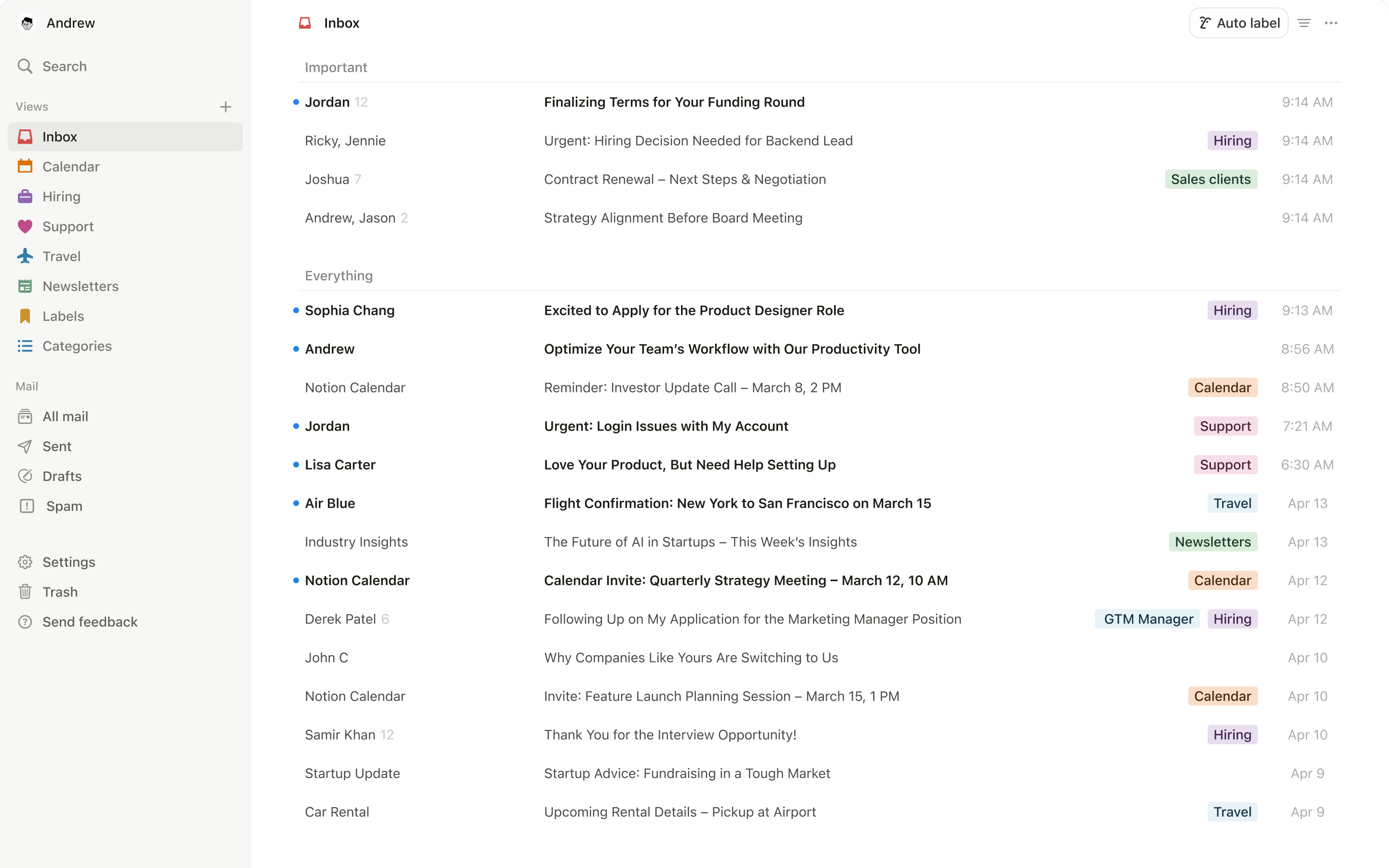 Una captura de pantalla de Notion Mail en escritorio